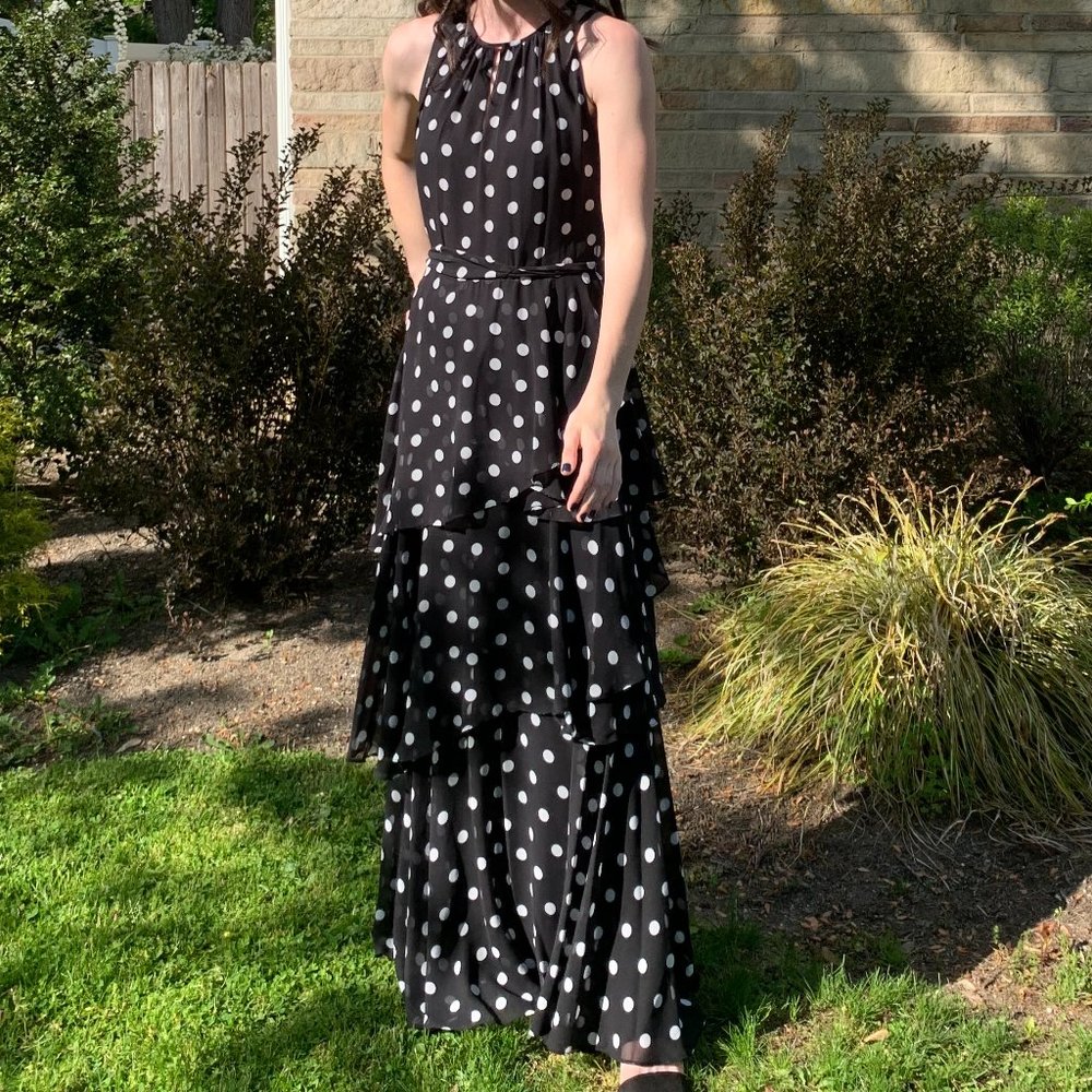 Macy's Long Formal Dress Size Medium Black and White Spotted